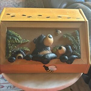 Decorative Bear-Themed Bread Box in black and green made of wood